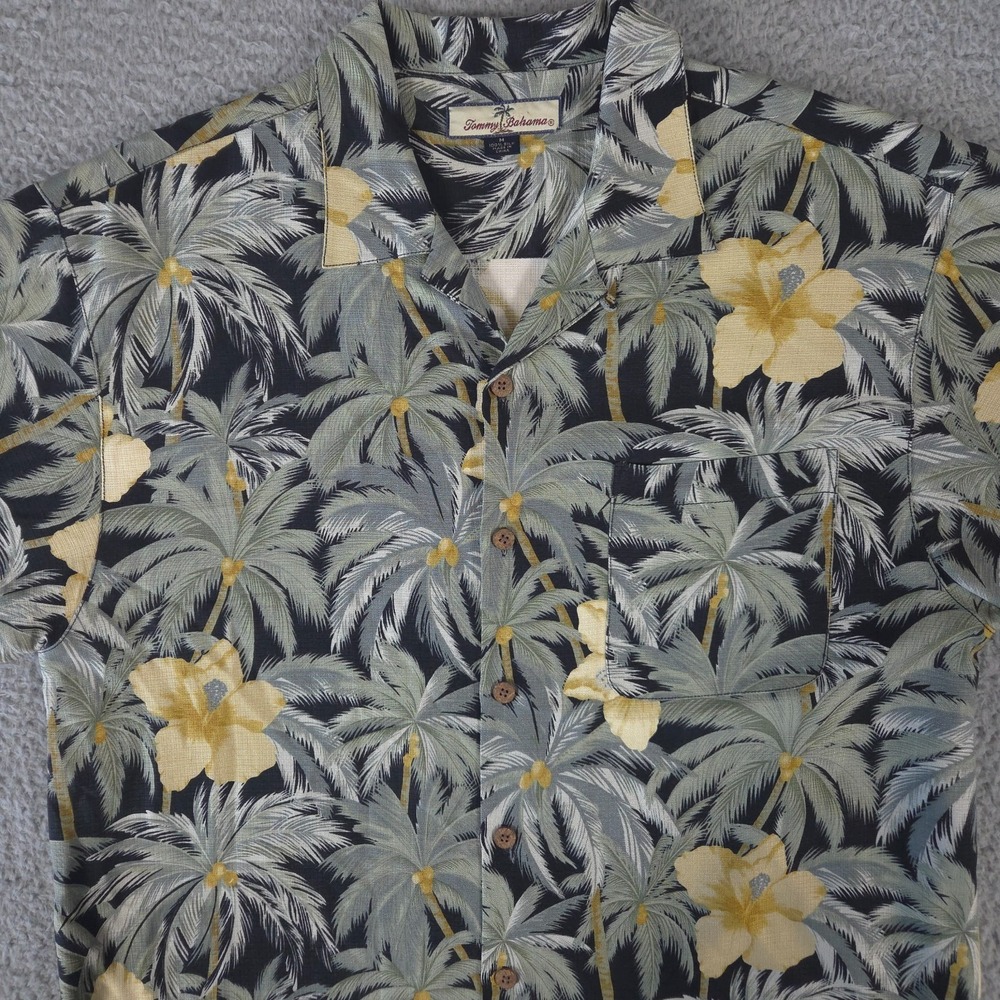 Tommy Bahama Shirt Mens Medium Green Palm Leaf Silk Camp Loop Collar Hawaiian